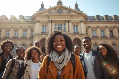 image entiere etudiants africains noirs heureux devant une université europeene4